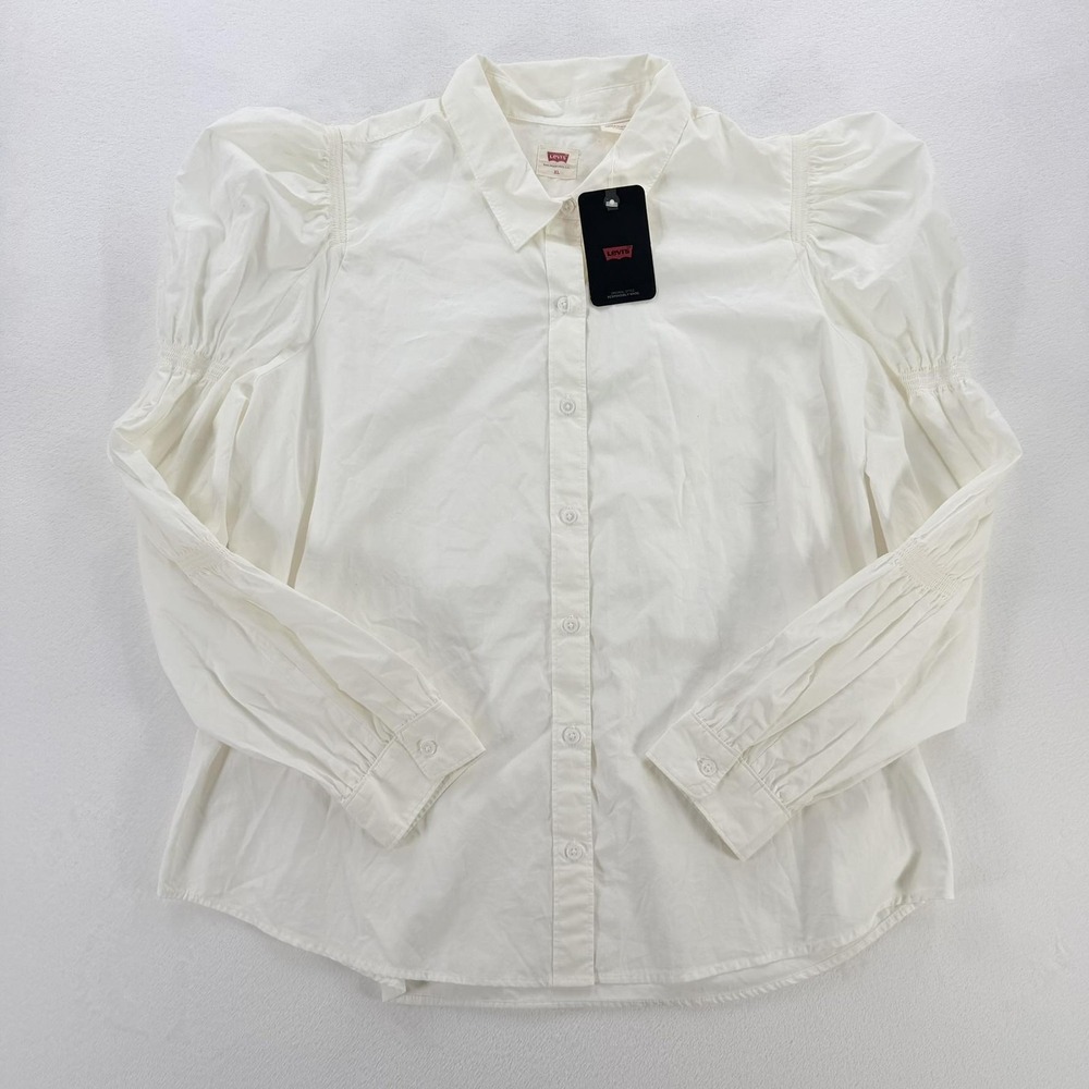 Levi's Blouse Womens XL White Puff Sleeve Button Front Collared Cotton Top